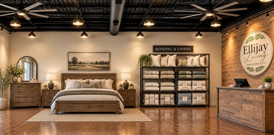 A warm, rustic shop interior with a styled bed, shelves of bedding and linens, and the Ellijay Living sign on a wood-plank wall